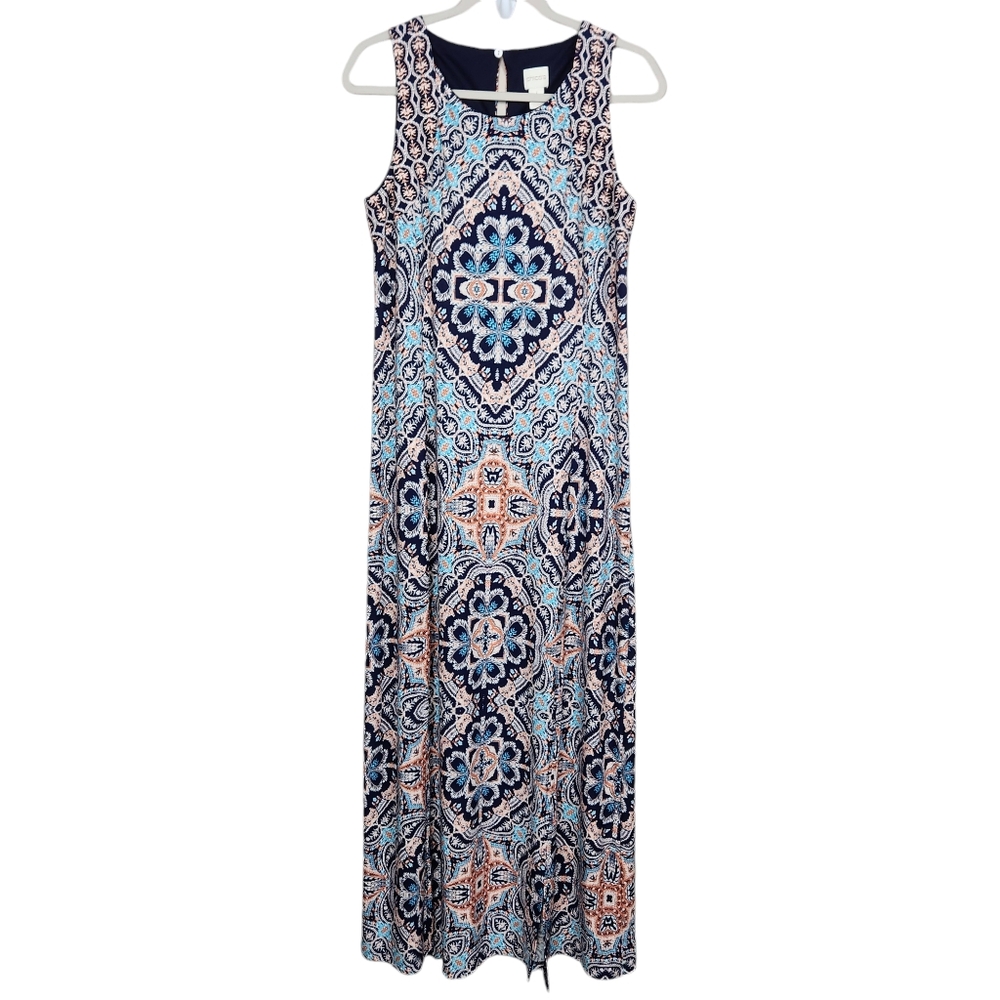 Chico's Fancy Feather Medallion Floral Paisley Maxi Dress Women's Size Medium